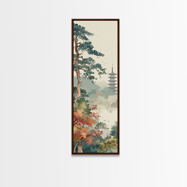 Pagoda And Pine Tree In Misty Landscape Skinny Art Wood Block Print Japanese Style Art Framed Canvas Print Tall Art Ukiyo-e Art