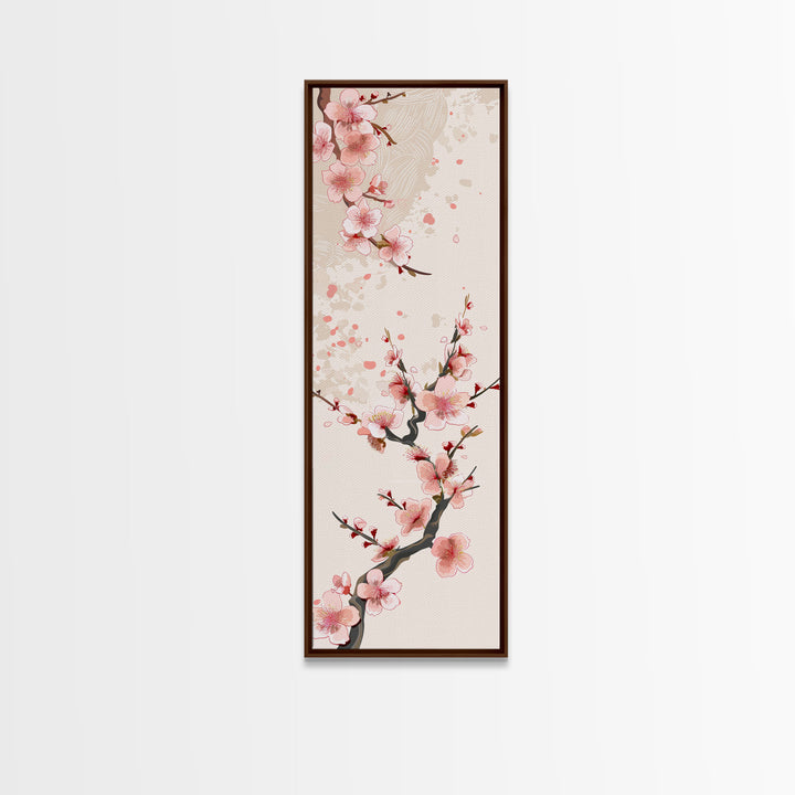 Cherry Blossom Branches On Canvas In Japanese Ukiyo-e Style, Traditional Woodblock Print, Framed Canvas Print, Tall Skinny Japanese Wall Art, Ready To Hang