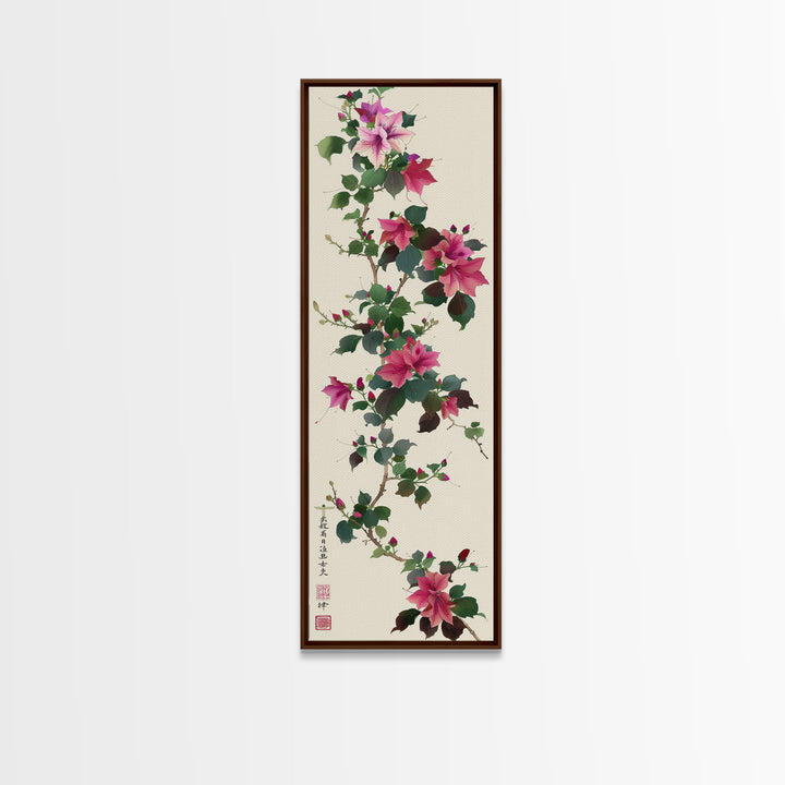 Pink Hibiscus Flowers On Branch Skinny Art Wood Block Print Japanese Style Art Framed Canvas Print Tall Art Ukiyo-e Art