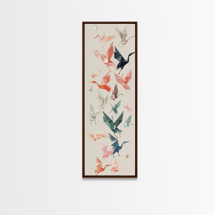 Origami Crane Birds Skinny Art Tall Art Japanese Ukiyo-e Inspired Framed Canvas Print Perfect for Modern Minimalist Spaces