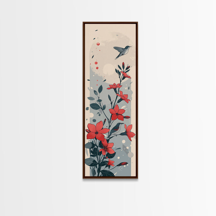 Hummingbird and Red Flowers Skinny Art Tall Art Japanese Ukiyo-e Inspired Nature Framed Canvas Print for Vibrant Interiors