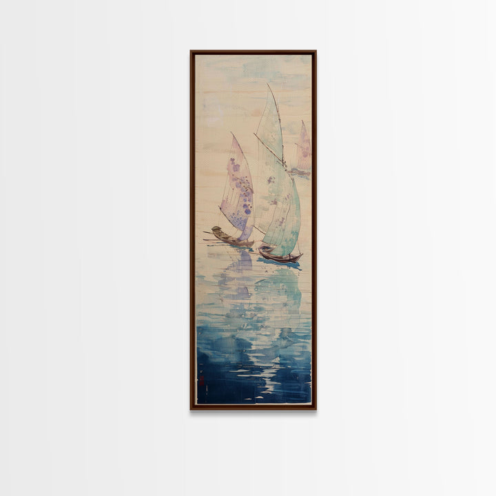 Sailboats On Calm Sea Canvas In Japanese Ukiyo-e Style, Traditional Woodblock Print, Framed Canvas Print, Tall Skinny Japanese Wall Art, Ready To Hang
