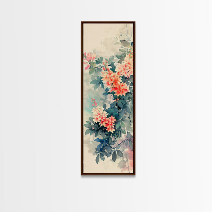 Azalea Blossoms Skinny Art Tall Art Japanese Ukiyo-e Inspired Floral Framed Canvas Print for Elegant and Timeless Decor