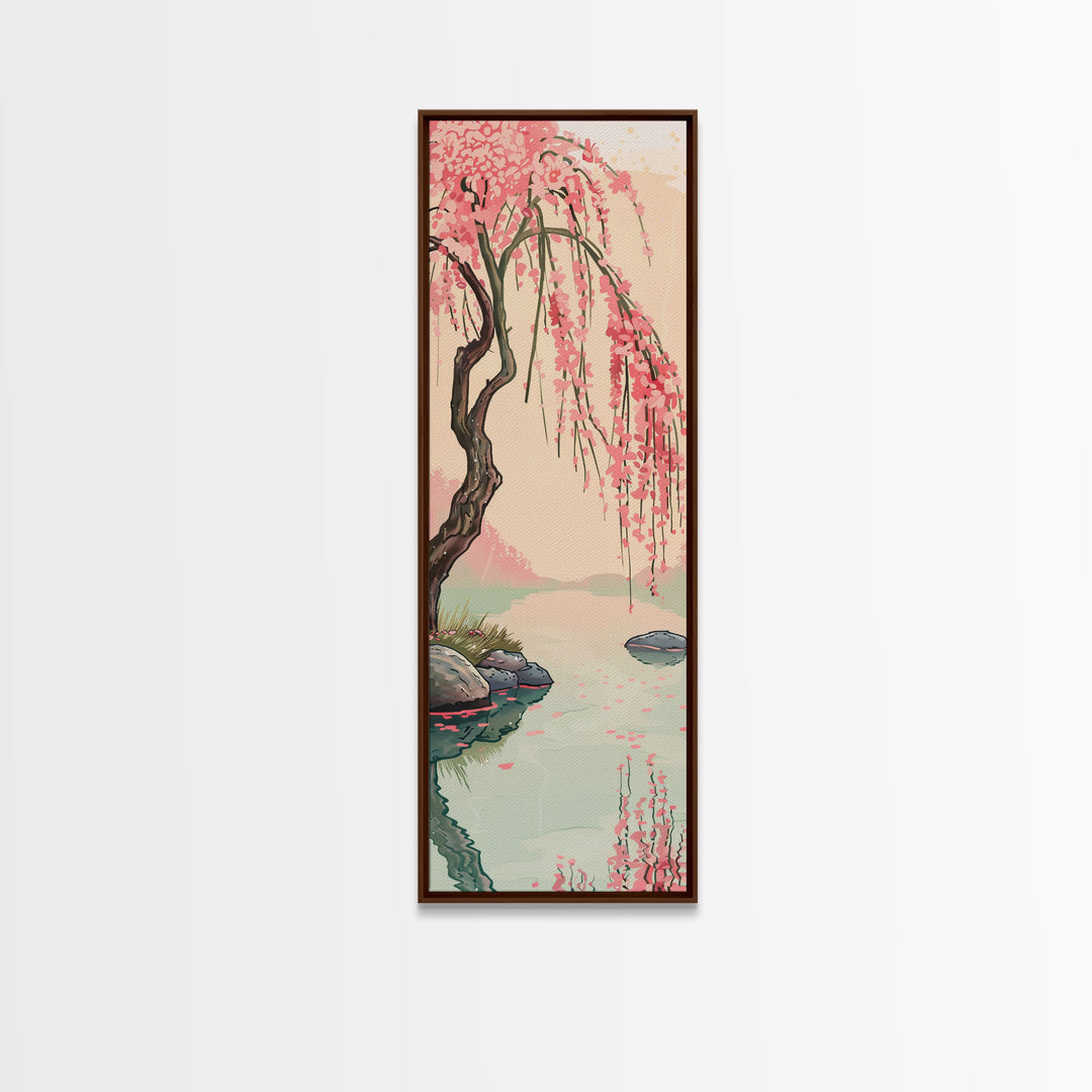 Serene Weeping Cherry Tree with Gentle Reflections in Water - Skinny Art, Japanese Wall Decor, Framed Canvas Print, Ukiyo-e Style