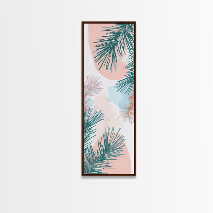 Elegant Pine Branches on Soft Pastel Background - Skinny Art, Japanese Wall Decor, Framed Canvas Print, Ukiyo-e Style