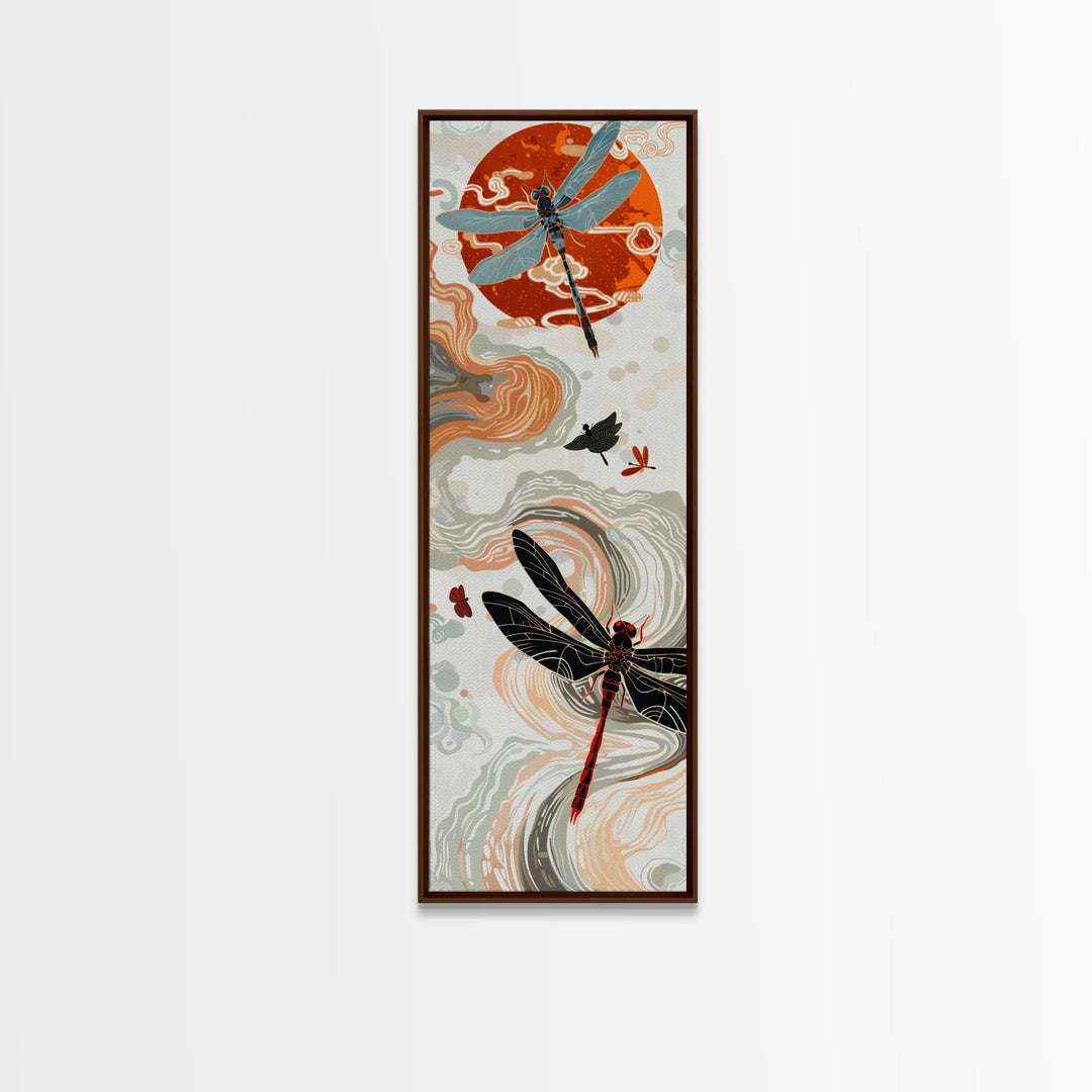 Vivid Dragonflies against Bold Red Sun with Flowing Clouds - Skinny Art, Japanese Wall Decor, Framed Canvas Print, Ukiyo-e Style