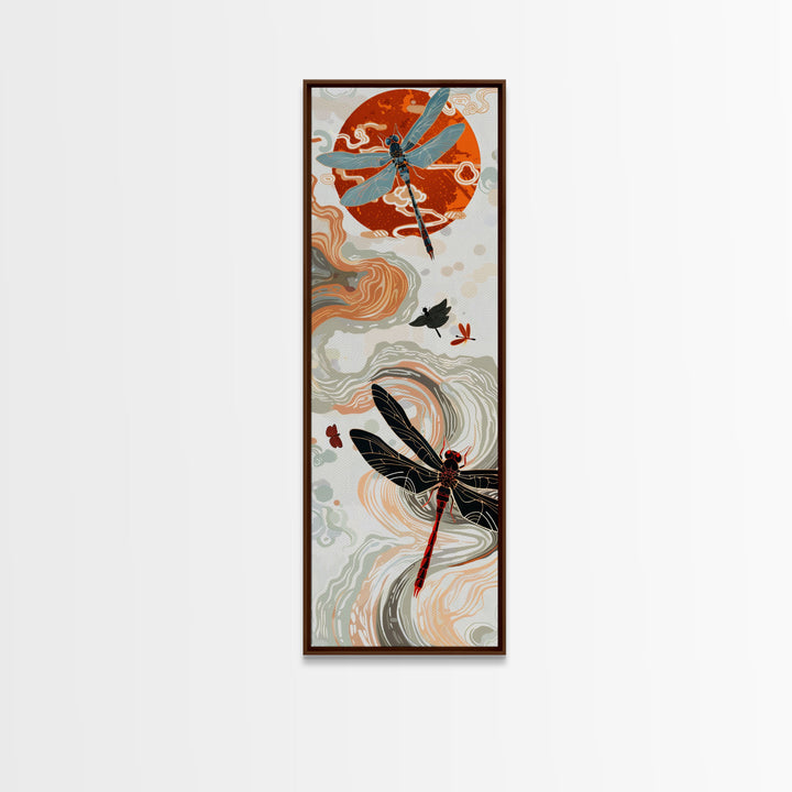 Vivid Dragonflies against Bold Red Sun with Flowing Clouds - Skinny Art, Japanese Wall Decor, Framed Canvas Print, Ukiyo-e Style