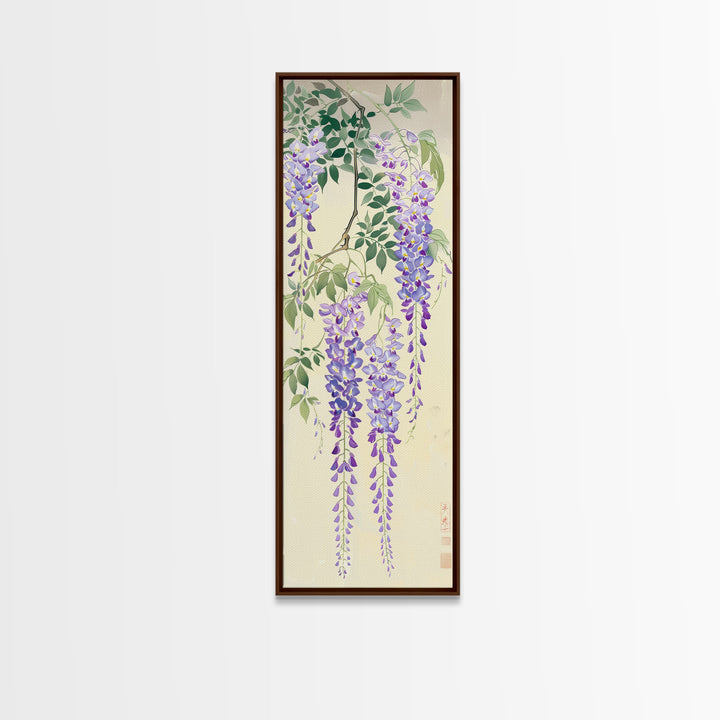 Cascading Wisteria Blossoms in Shades of Purple and Green - Skinny Art, Japanese Wall Decor, Framed Canvas Print, Ukiyo-e Style