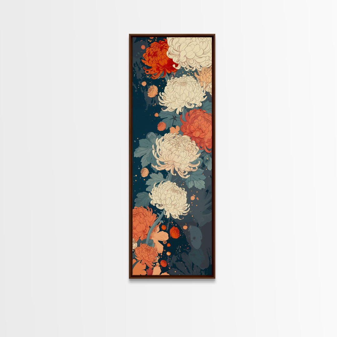 Blooming Chrysanthemums in Rich Autumn Colors - Skinny Art, Japanese Wall Decor, Framed Canvas Print, Ukiyo-e Style