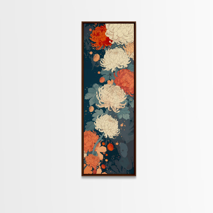 Blooming Chrysanthemums in Rich Autumn Colors - Skinny Art, Japanese Wall Decor, Framed Canvas Print, Ukiyo-e Style