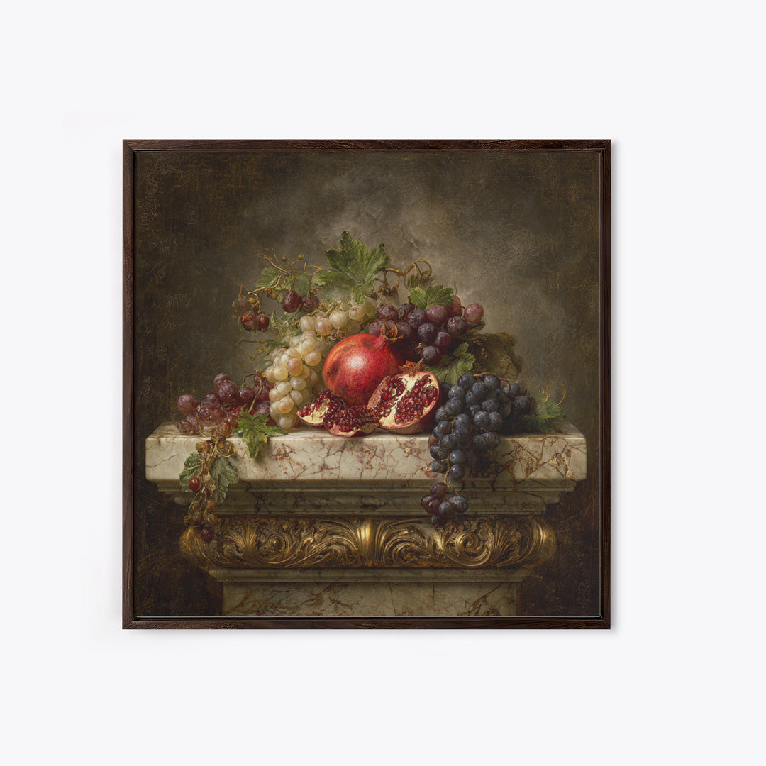 Pomegranate and Grapes on Marble Ledge Canvas Print, Renaissanceinspired Art, Celestial Decor, Living Room Decor, Classic, REN-1x1-17
