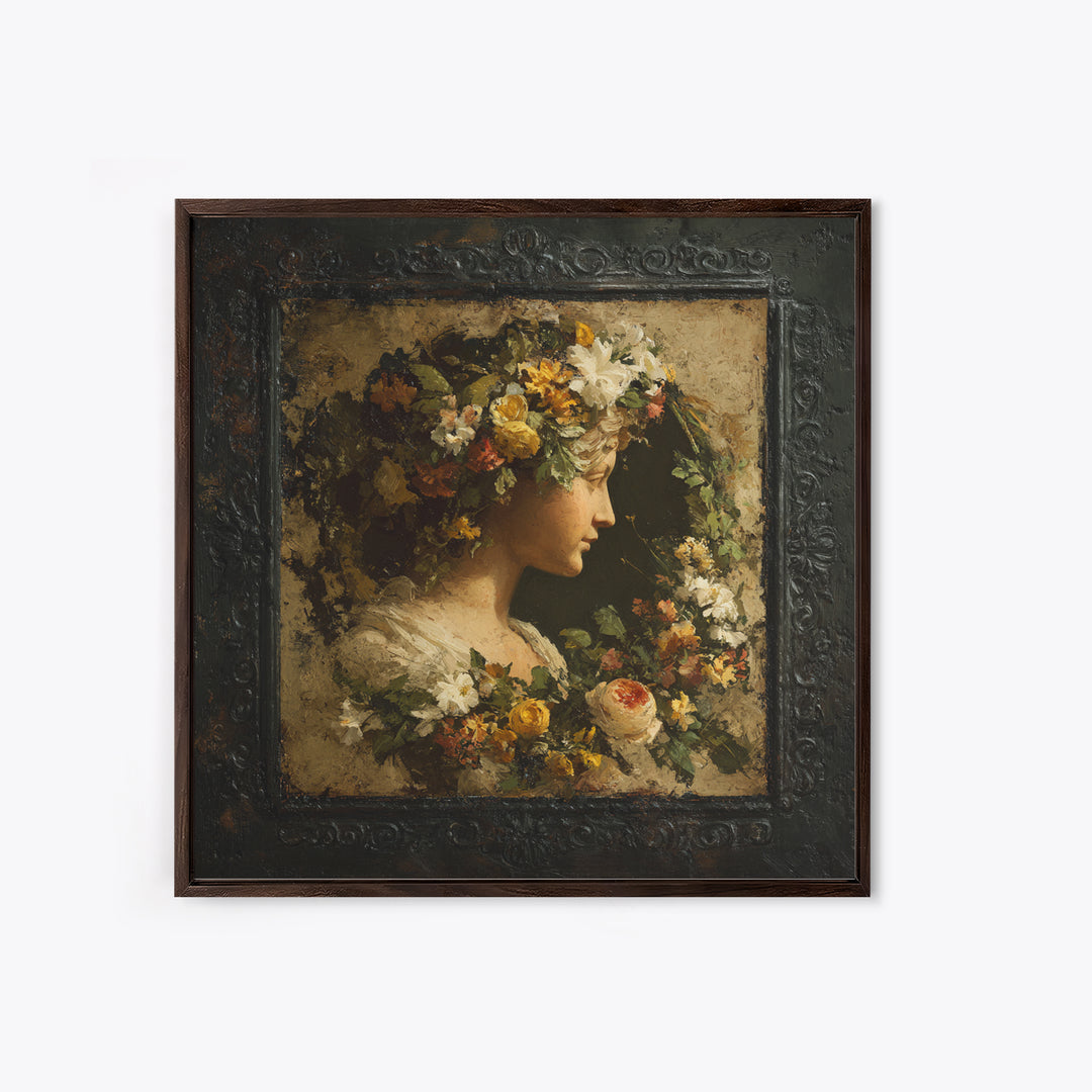 Floral Garland Surrounding a Classical Profile Canvas Print, Renaissanceinspired Art, Unique Wall Art, Living Room Decor, REN-1x1-22