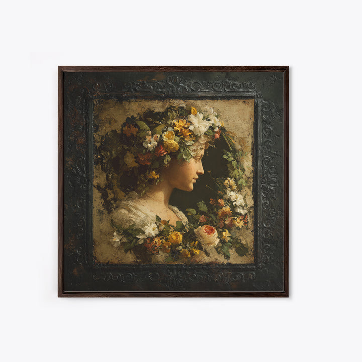 Floral Garland Surrounding a Classical Profile Canvas Print, Renaissanceinspired Art, Unique Wall Art, Living Room Decor, REN-1x1-22