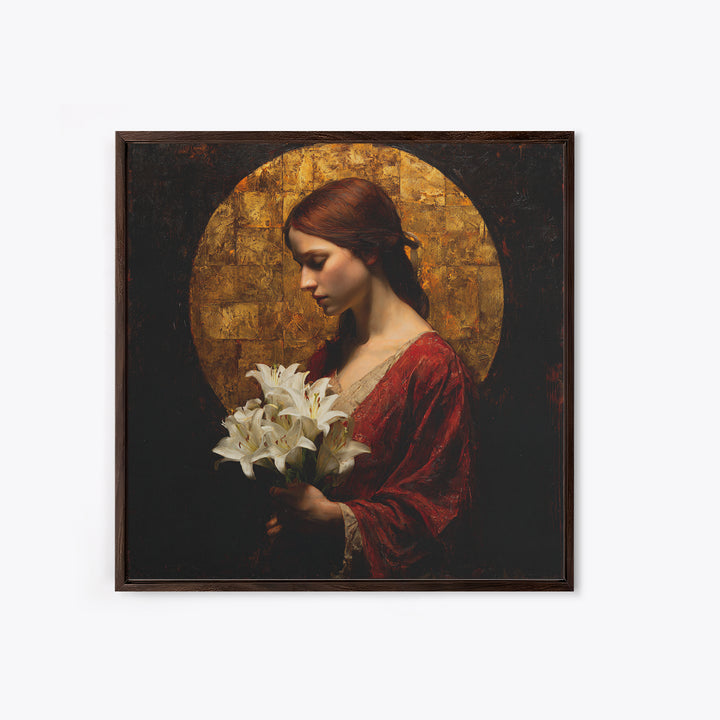 Saint Like Figure Holding White Lilies Framed Canvas Print, Renaissanceinspired Art, Floral Print, Living Room Decor, Classic, REN-1x1-37