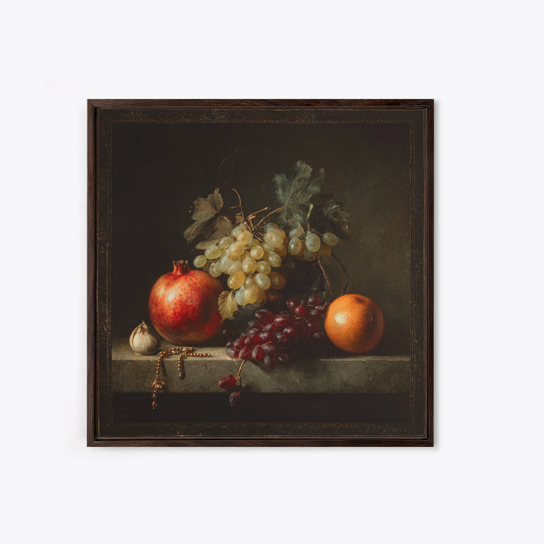 Oil Painted Fruit Still Life on Dark Canvas Print, Renaissanceinspired Art, Elegant Home Decor, Living Room Decor, Classic, REN-1x1-75