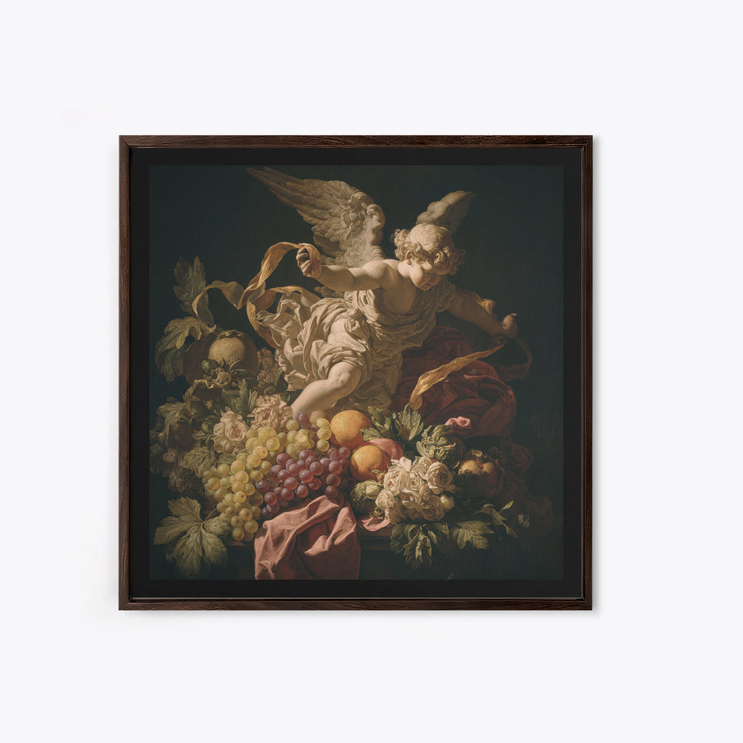 Cherub Holding a Ribbon Among Clouds Framed Canvas Print, Renaissanceinspired Art, Fantasy Decor, Living Room Decor, Classic, REN-1x1-78