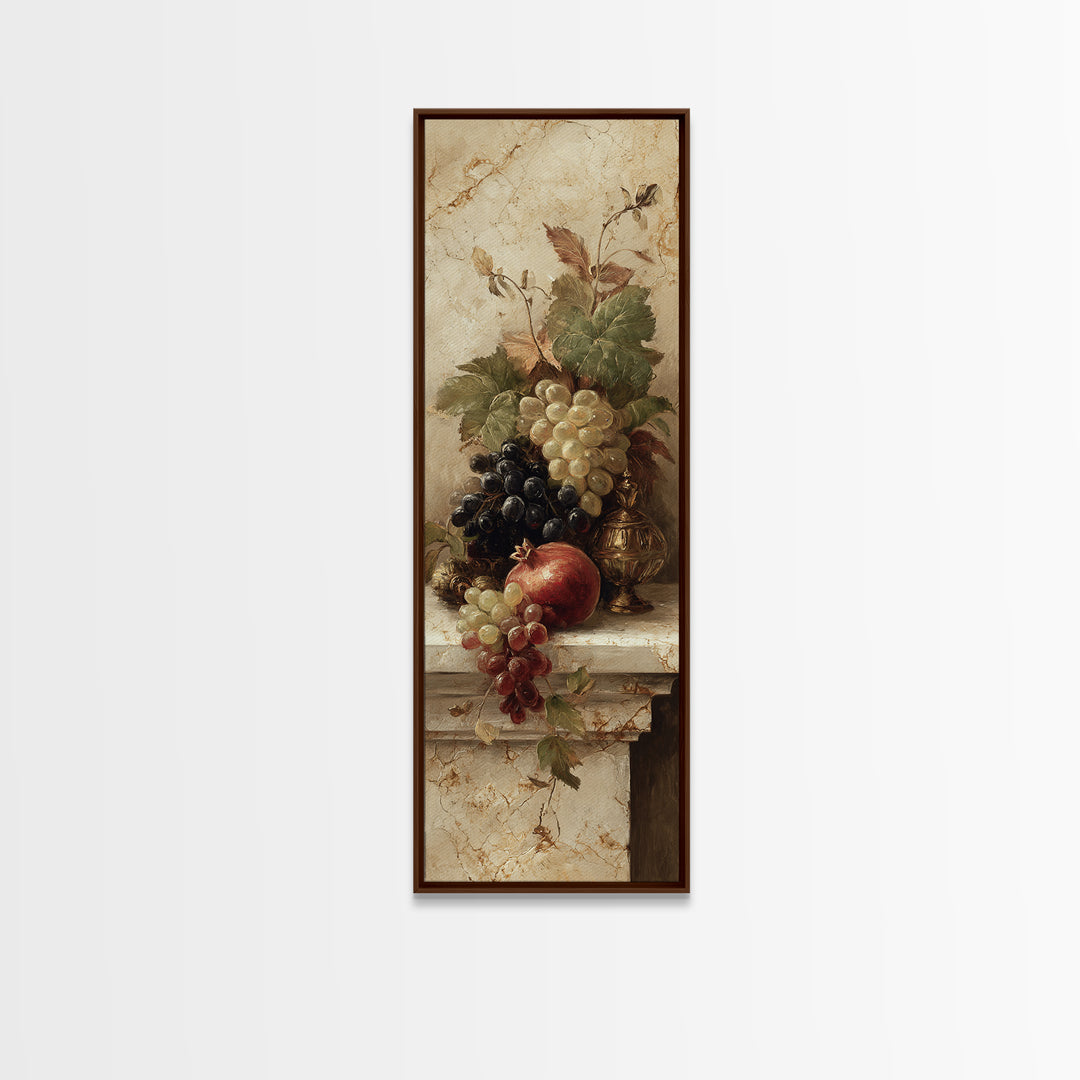 Pomegranate and Grapes on Marble Ledge Framed Canvas Print, Renaissanceinspired Art, Cat Painting, Living Room Decor, Classic, REN-1x3-29
