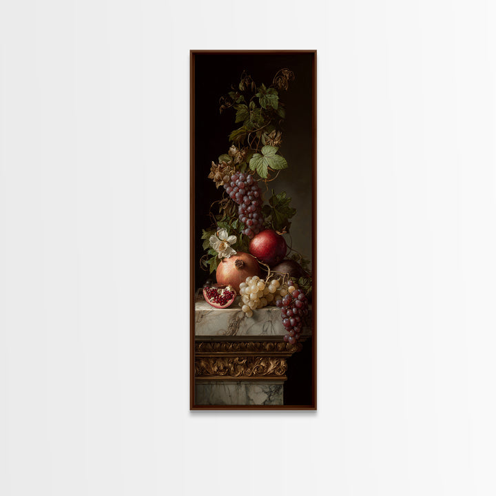 Pomegranate and Grapes on Marble Ledge Canvas Print, Renaissanceinspired Art, Celestial Decor, Living Room Decor, Classic, REN-1x3-5