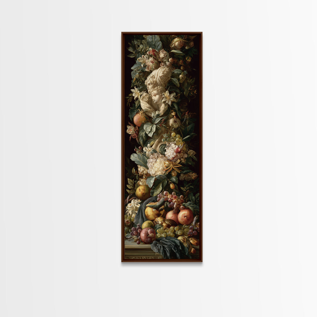 Floral Garland Surrounding a Classical Profile Canvas Print, Renaissanceinspired Art, Painting from Photo, Living Room Decor, REN-1x3-82