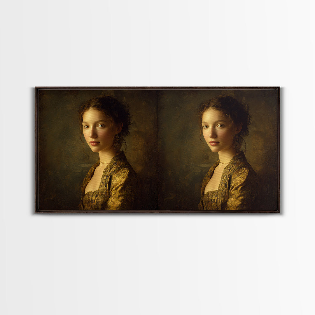 Gold Halo Portrait Framed Canvas Print, Renaissanceinspired Art, Neutral Decor, Living Room Decor, Fine Art, Classic, REN-2x1-1
