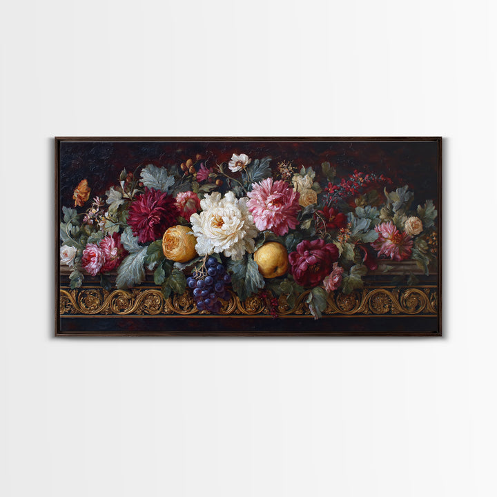 Floral Garland Surrounding a Classical Profile Canvas Print, Renaissanceinspired Art, Home Altar, Living Room Decor, Classic, REN-2x1-18