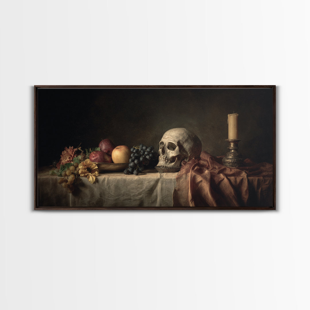 Old Master Skull and Candle Still Life Framed Canvas Print, Renaissanceinspired Art, Classic Art, Living Room Decor, Classic, REN-2x1-30