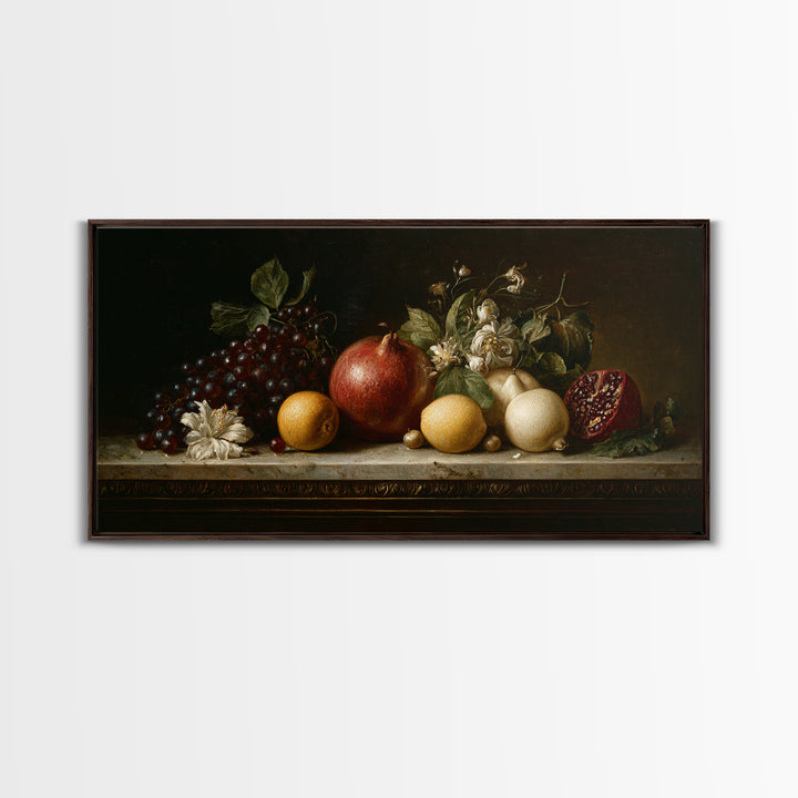 Oil Painted Fruit Still Life on Dark Canvas Print, Renaissanceinspired Art, Printable Art, Living Room Decor, Oil Painting, REN-2x1-47