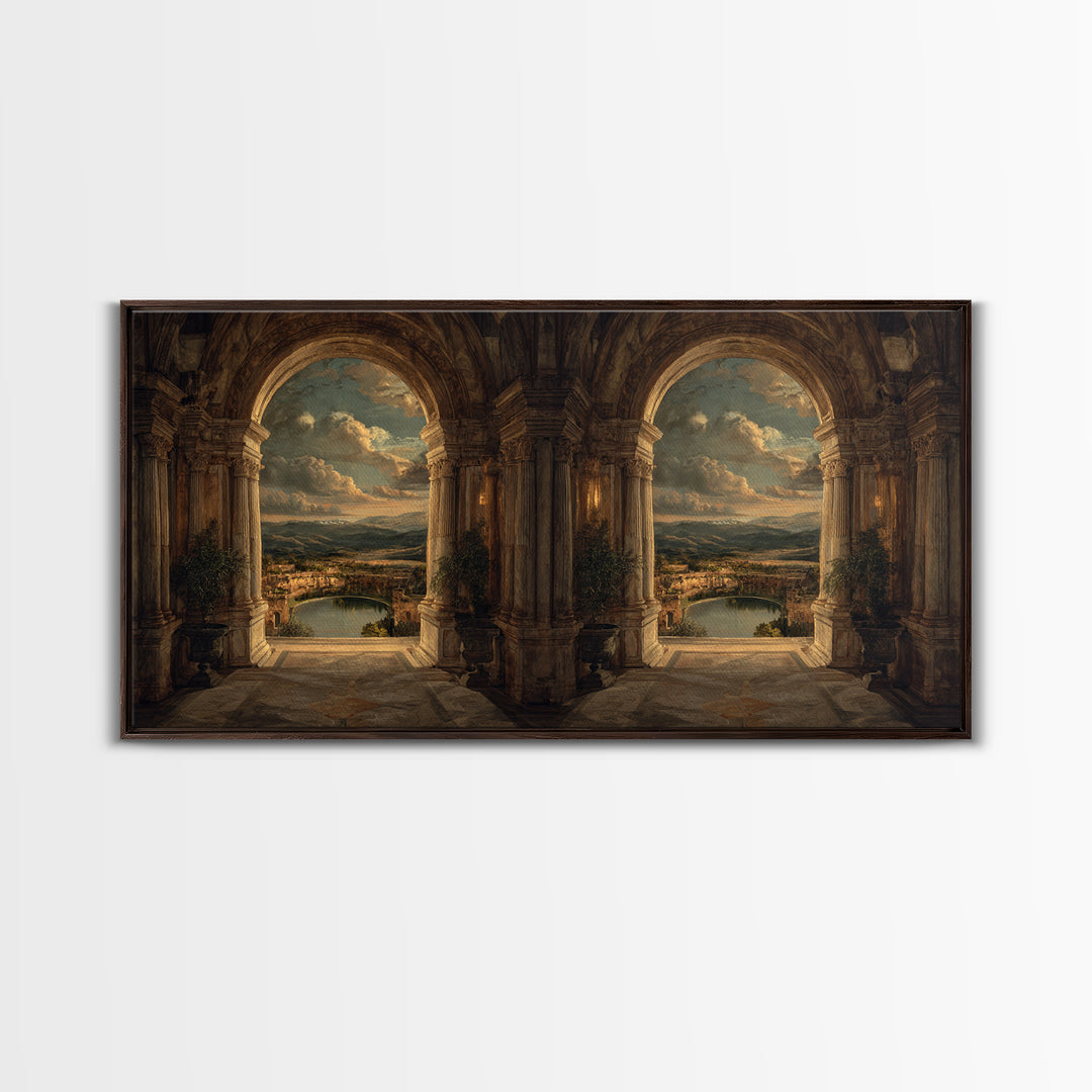 Architectural Arch with Italian Landscape Beyond Canvas Print, Renaissanceinspired Art, Cat Painting, Living Room Decor, REN-2x1-79