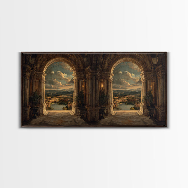 Architectural Arch with Italian Landscape Beyond Canvas Print, Renaissanceinspired Art, Cat Painting, Living Room Decor, REN-2x1-79