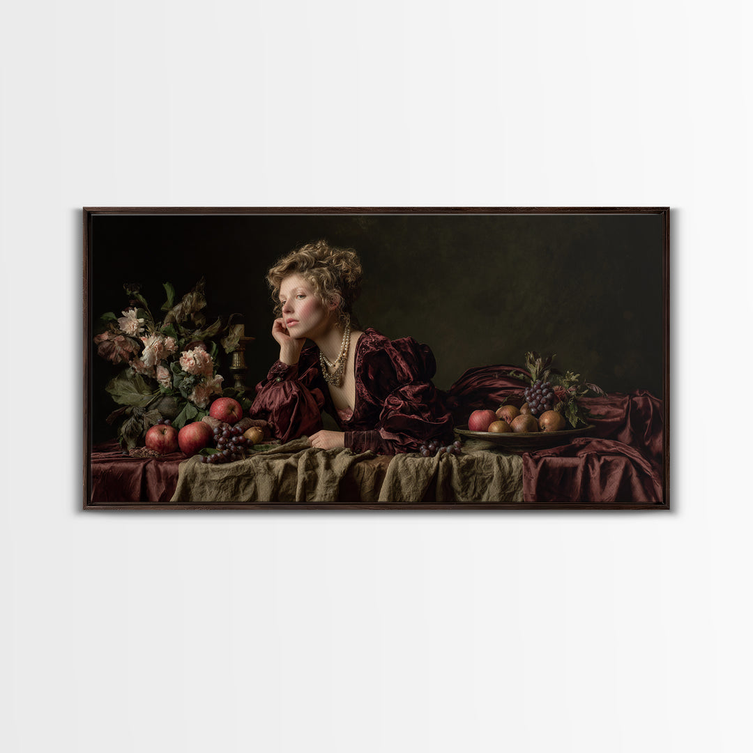 Portrait with Pearl Necklace and Velvet Dress Canvas Print, Renaissanceinspired Art, Boho Decor, Living Room Decor, Classic, REN-2x1-8