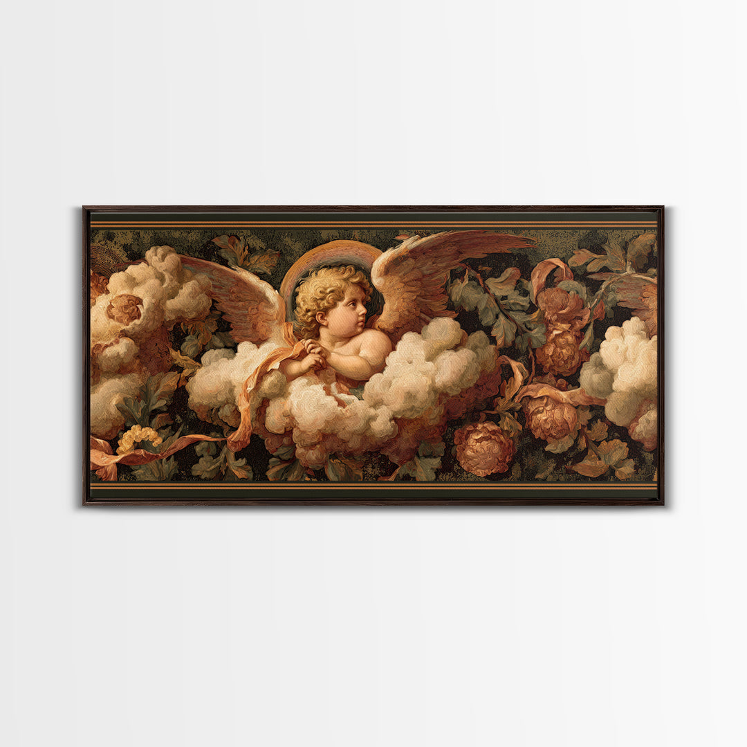 Cherub Holding a Ribbon Among Clouds Canvas Print, Renaissanceinspired Art, Living Room Decor, Watercolor Art, Classic, REN-2x1-98