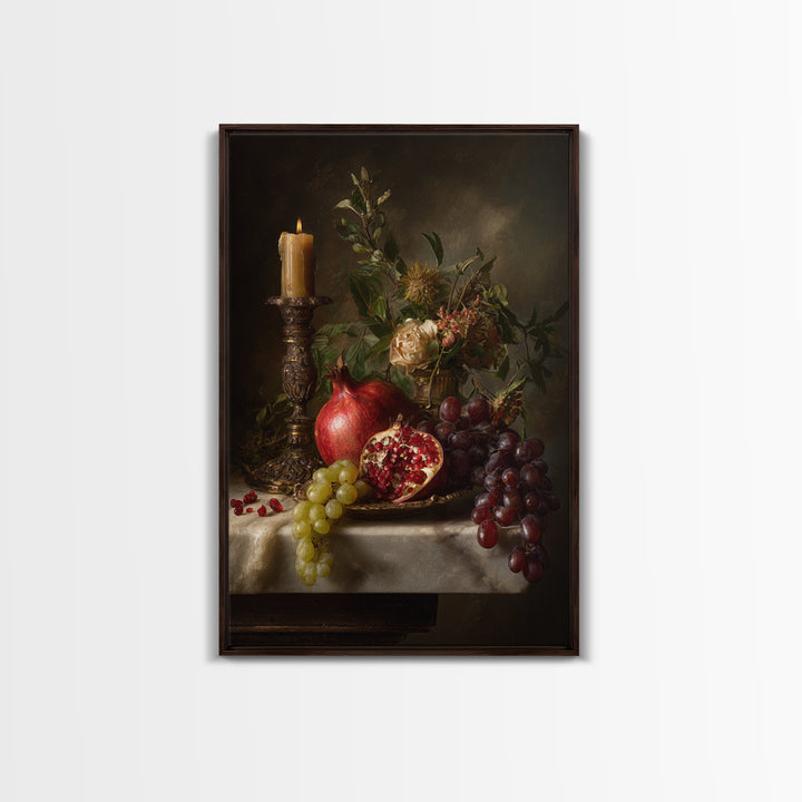 Pomegranate and Grapes on Marble Ledge Framed Canvas Print, Renaissanceinspired Art, Home Decor, Living Room Decor, Classic, REN-2x3-1
