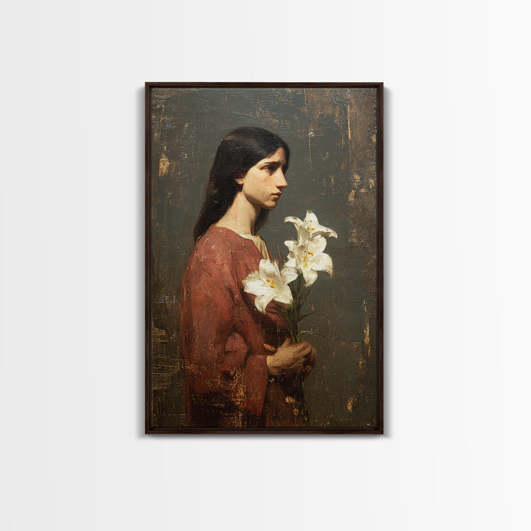 Saint Like Figure Holding White Lilies Framed Canvas Print, Renaissanceinspired Art, Classic Art, Living Room Decor, Classic, REN-2x3-21
