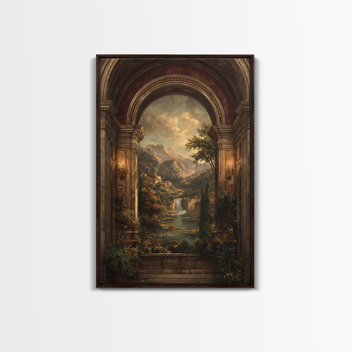 Architectural Arch with Italian Landscape Beyond Canvas Print, Renaissanceinspired Art, Floral Painting, Living Room Decor, REN-2x3-67