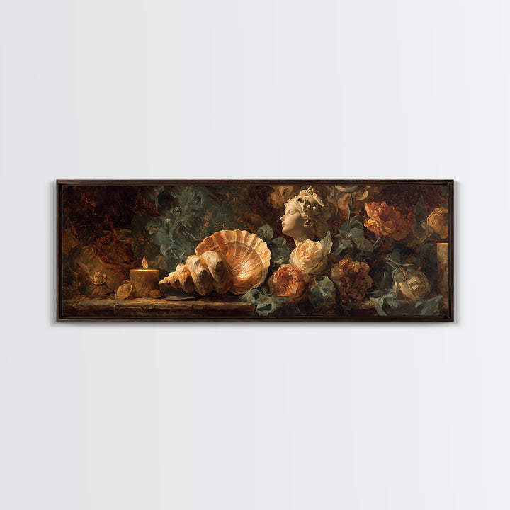 Venus Inspired Figure with Seashell and Roses Canvas Print, Renaissanceinspired Art, Romantic Art, Living Room Decor, Classic, REN-3x1-20