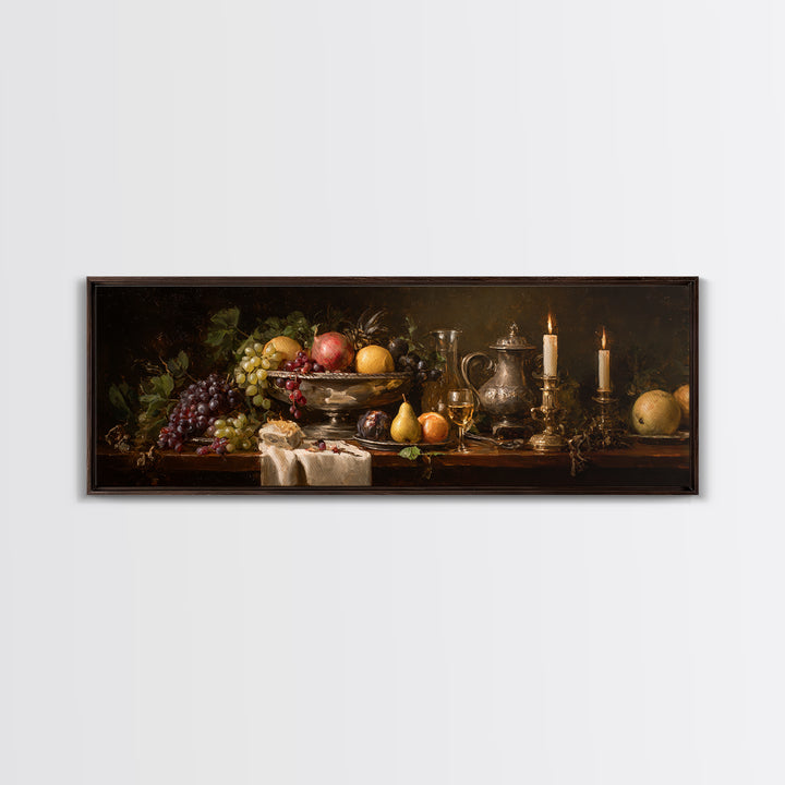 Oil Painted Fruit Still Life on Dark Framed Canvas Print, Renaissanceinspired Art, Wall Art, Living Room Decor, Abstract Art, REN-3x1-67