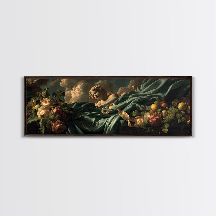 Cherub Holding a Ribbon Among Clouds Canvas Print, Renaissanceinspired Art, Elegant Home Decor, Living Room Decor, Oil Painting, REN-3x1-70