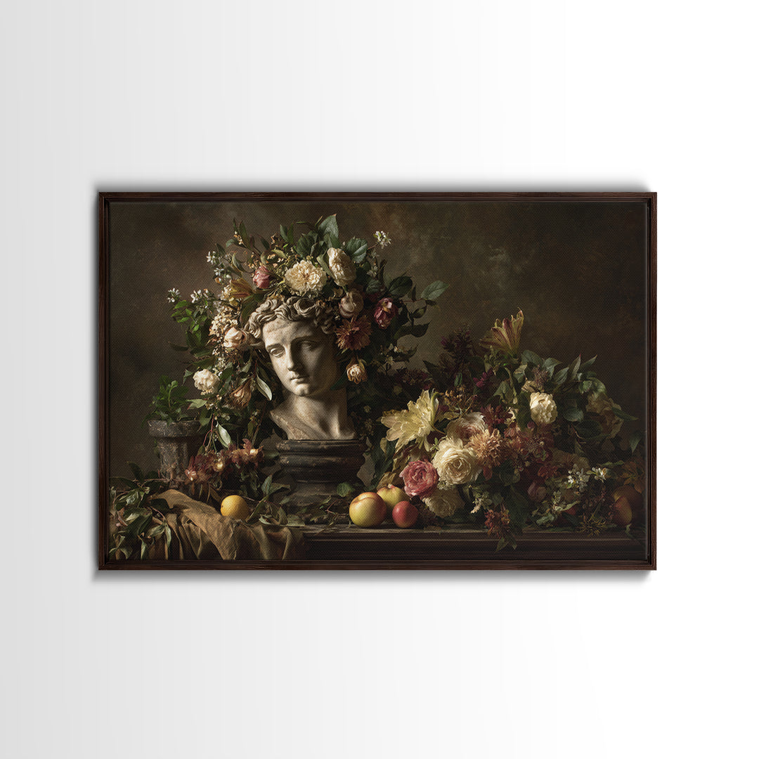 Floral Garland Surrounding a Classical Profile Canvas Print, Renaissanceinspired Art, Minimalist Decor, Living Room Decor, REN-3x2-26
