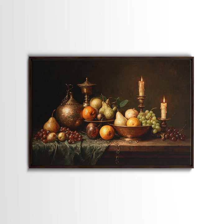 Oil Painted Fruit Still Life on Dark Canvas Print, Renaissanceinspired Art, Yoga Wall Art, Living Room Decor, Classic, REN-3x2-55