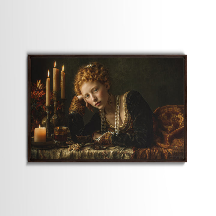 Portrait with Pearl Necklace and Velvet Dress Canvas Print, Renaissanceinspired Art, Cat Art, Living Room Decor, Classic, REN-3x2-64
