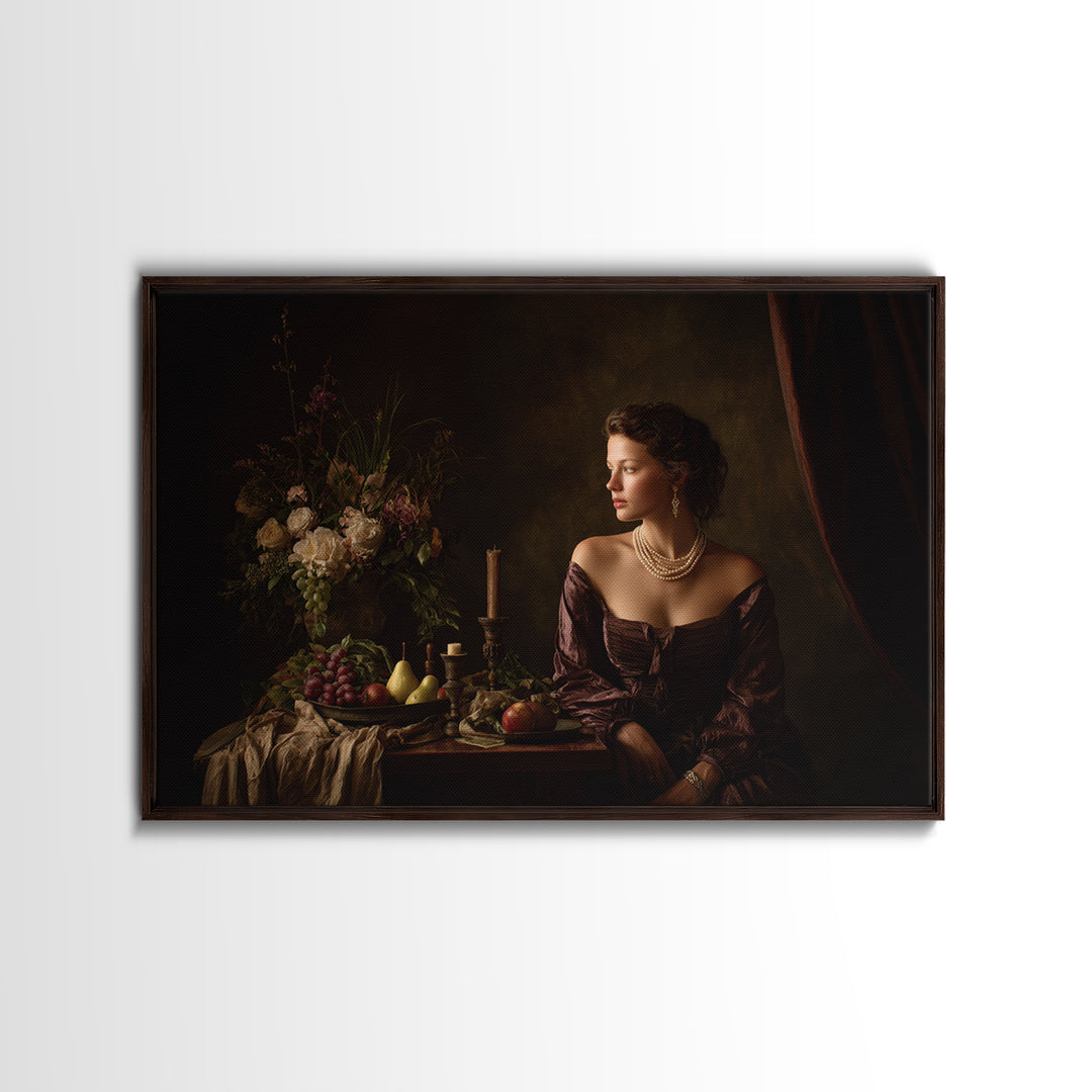 Portrait with Pearl Necklace and Velvet Dress Canvas Print, Renaissanceinspired Art, Living Room Art, Living Room Decor, REN-3x2-88