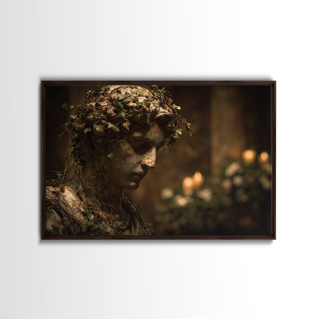Classical Statue Bust Covered Framed Canvas Print, Renaissanceinspired Art, Floral Print, Living Room Decor, Fine Art, Classic, REN-3x2-95