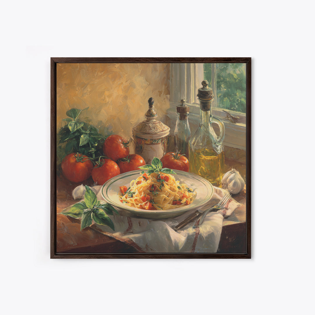 Fresh Pasta with Tomatoes and Basil Framed Canvas Print, Restaurant Art, Canvas Print, Restaurant Decor, Fine Art, Bistro, RES-1x1-2