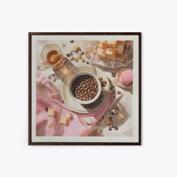 Coffee Beans and Pastry Arrangement Canvas Print, Restaurant Art, Watercolor Painting, Restaurant Decor, Oil Painting, Bistro, RES-1x1-22