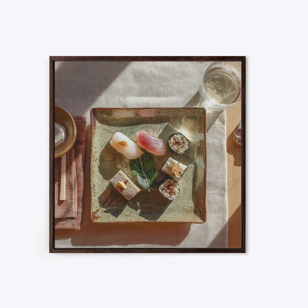 Sushi Fish and Ceramic Plate Composition Framed Canvas Print, Restaurant Art, Textured Painting, Restaurant Decor, Bistro, RES-1x1-29