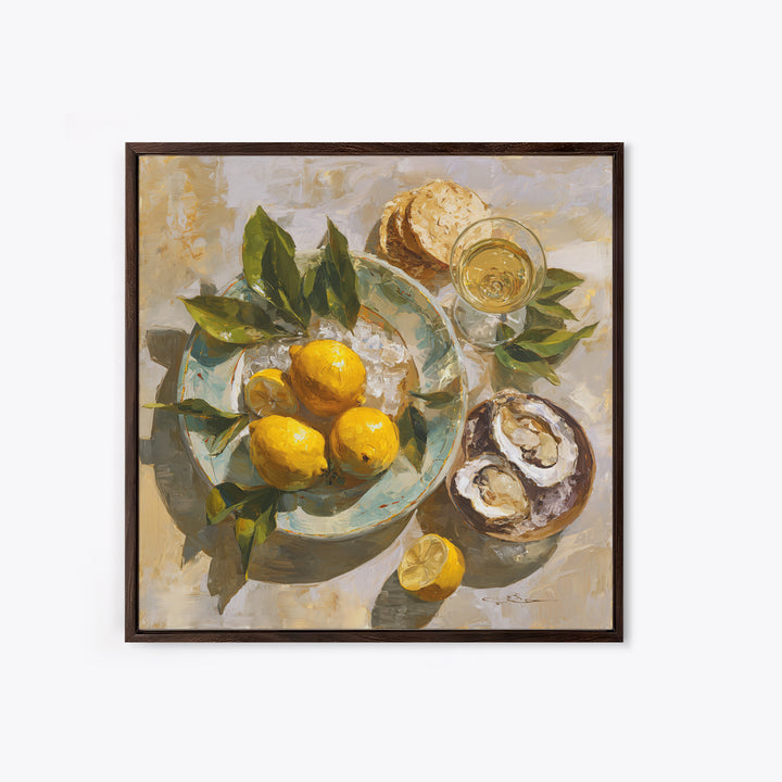 Oyster Platter with Lemons and Champagne Canvas Print, Restaurant Art, Kitchen Wall Art, Restaurant Decor, Abstract Art, Bistro, RES-1x1-3
