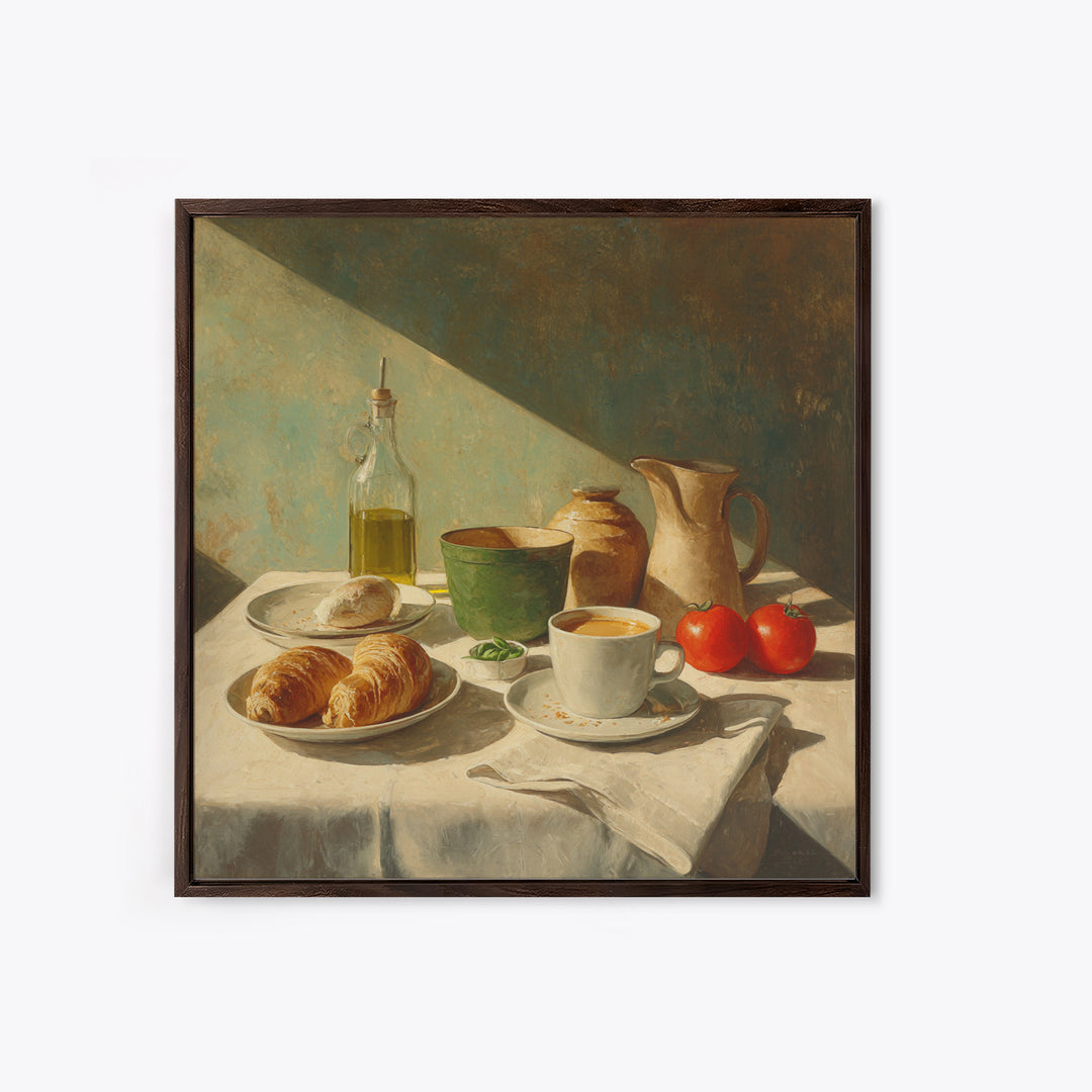 French Bistro Coffee and Croissant Still Life Canvas Print, Restaurant Art, Food Art, Restaurant Decor, Oil Painting, Bistro, RES-1x1-30