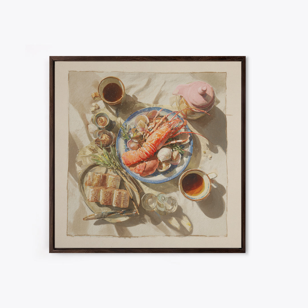 Seafood Lobster and Shell Arrangement Framed Canvas Print, Restaurant Art, Gallery Decor, Restaurant Decor, Fine Art, Bistro, RES-1x1-32