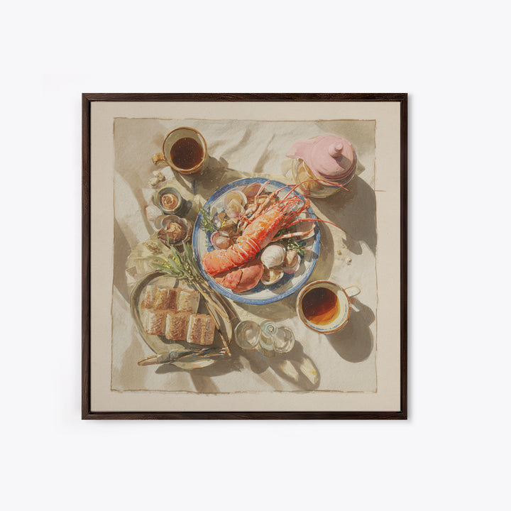 Seafood Lobster and Shell Arrangement Framed Canvas Print, Restaurant Art, Gallery Decor, Restaurant Decor, Fine Art, Bistro, RES-1x1-32