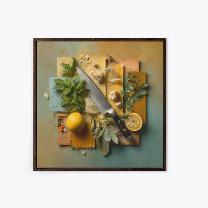 Chef Knife Herbs and Cutting Board Still Framed Canvas Print, Restaurant Art, Boho Decor, Restaurant Decor, Oil Painting, RES-1x1-37